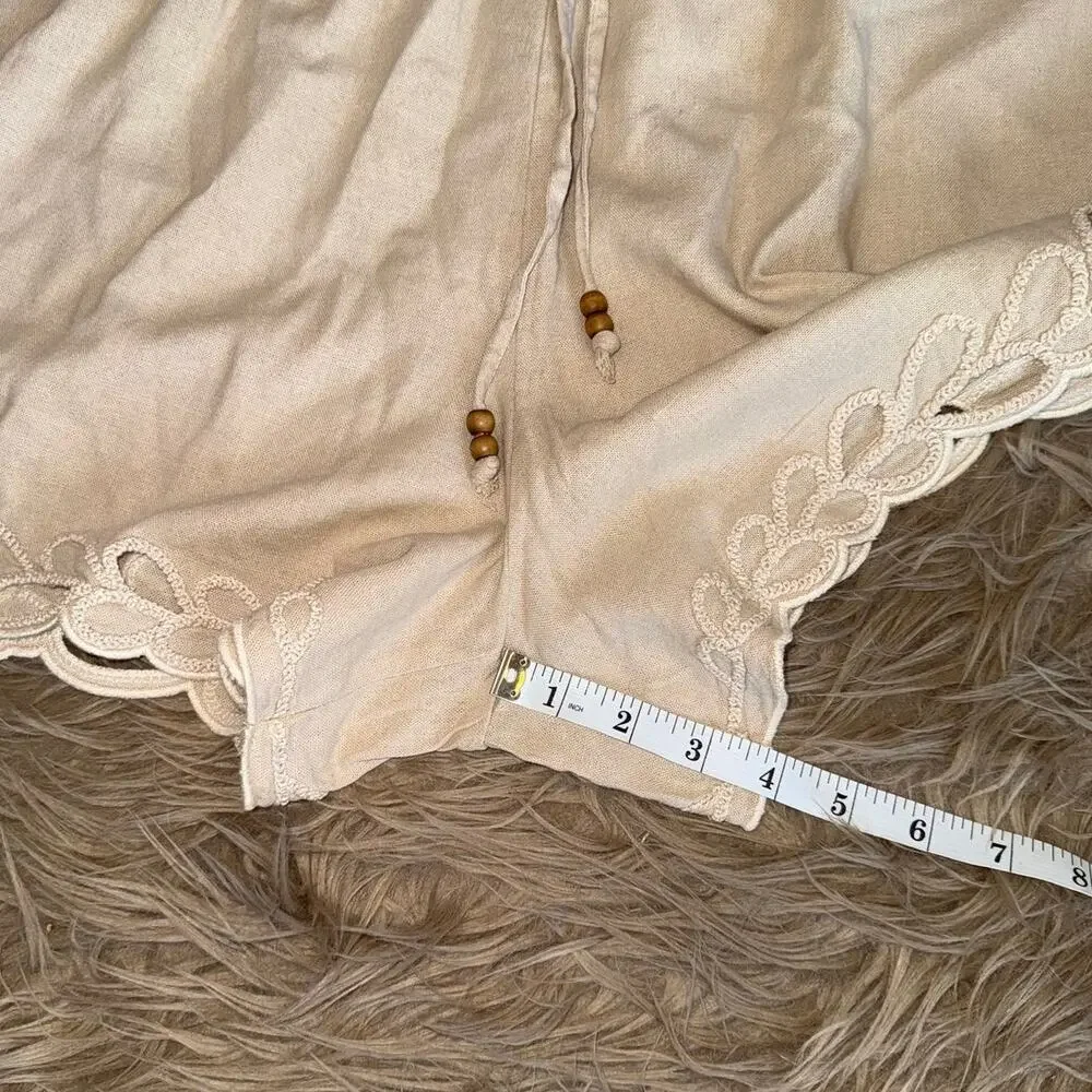 New Ellen Tracy Linen Drawstring Boho Embroidered Shorts Tan Women's size L